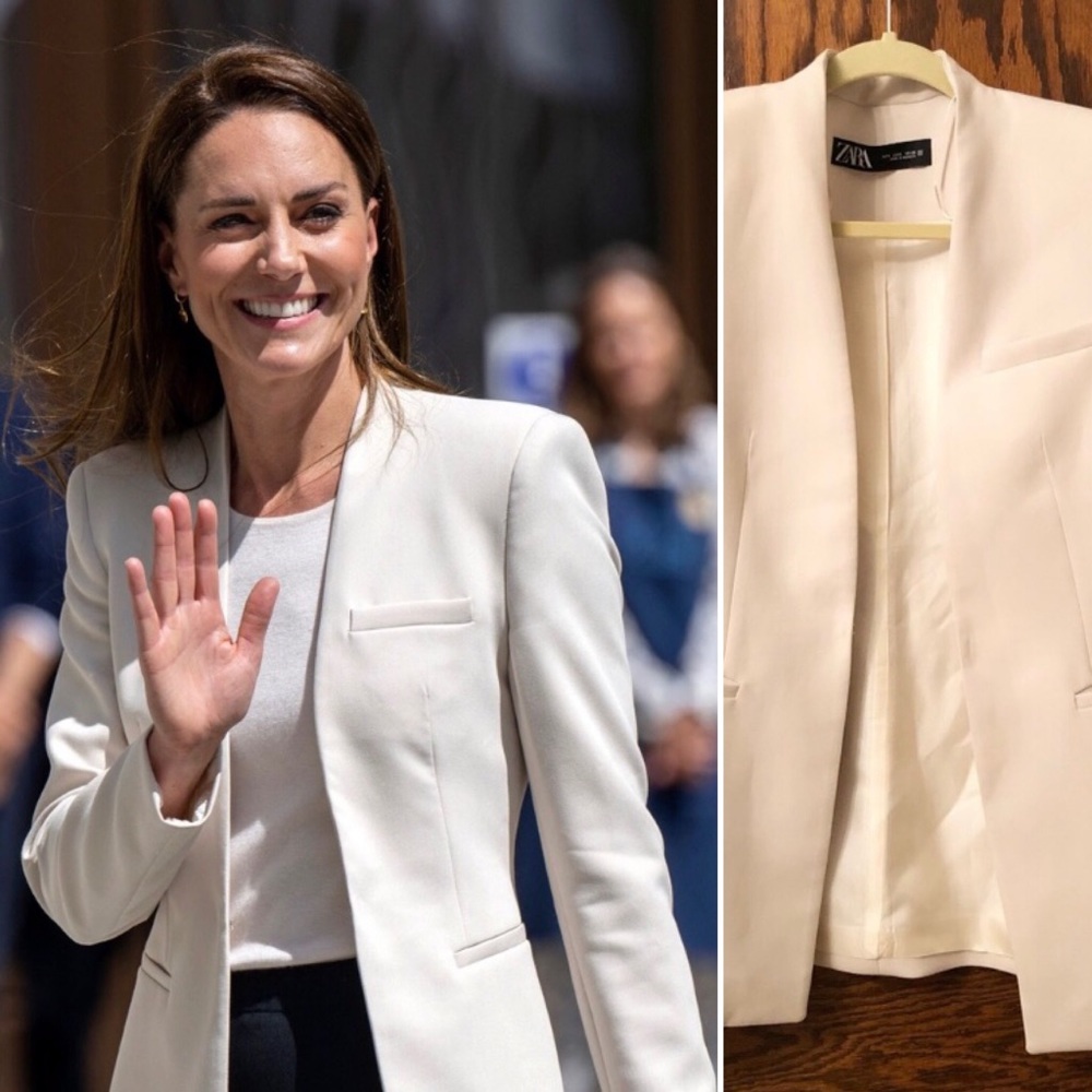 Popular ZARA Inverted Lapel Blazer in Ecru ASO Kate Middleton, Royal, Size Small - Picture 3 of 12